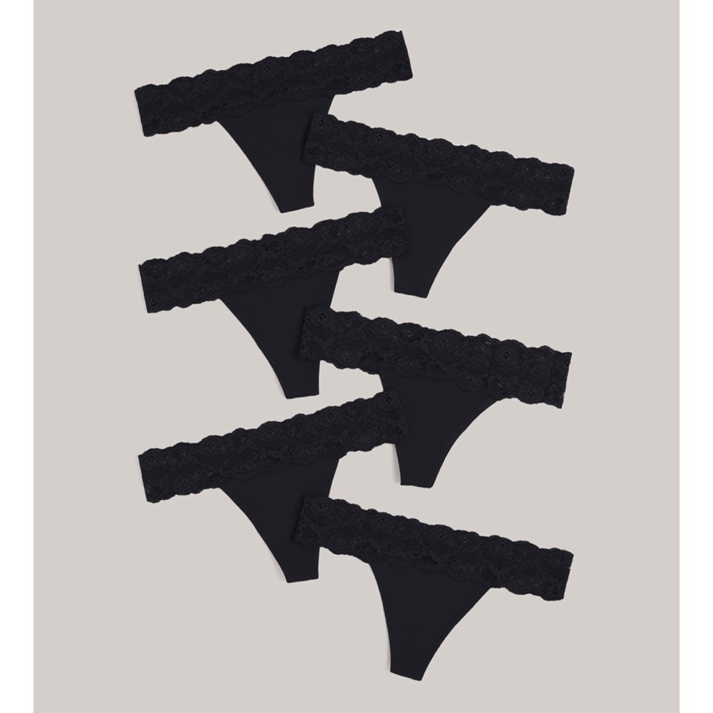 6-pack PACT organic cotton waist laced thongs - black
